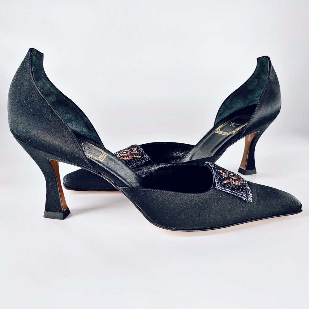 Christian Dior Black Satin D'Orsay Beaded Clasp Formal Shoes Size 9 1/2